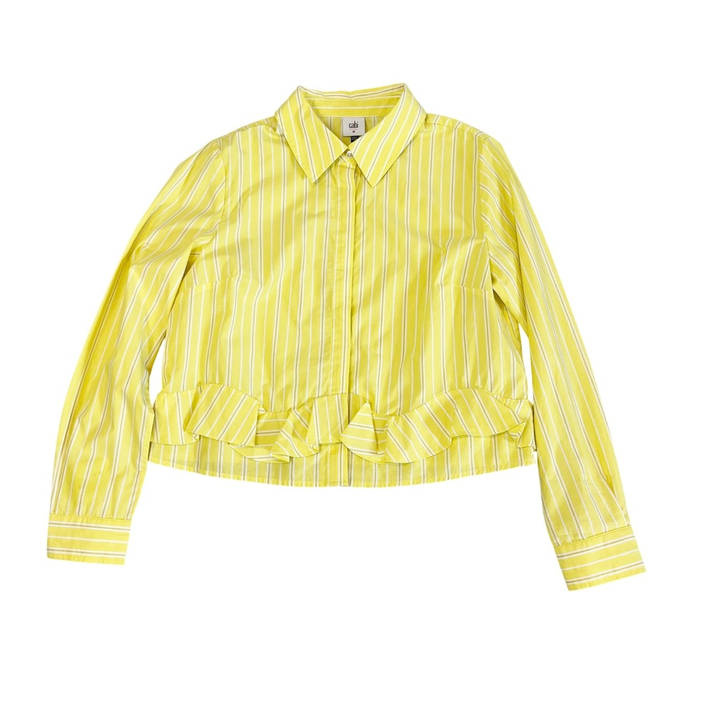 Cabi Flirt Shirt Yellow White Striped Ruffle Peplum Cotton Blouse 6712 MEDIUM